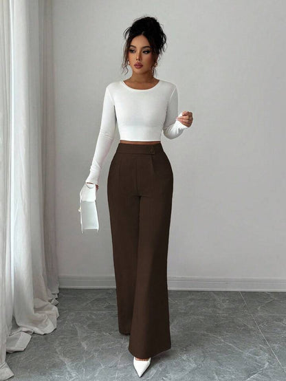 Waist front overlay straight pants in brown