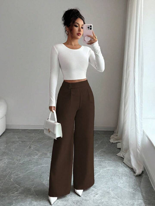 Waist front overlay straight pants in brown