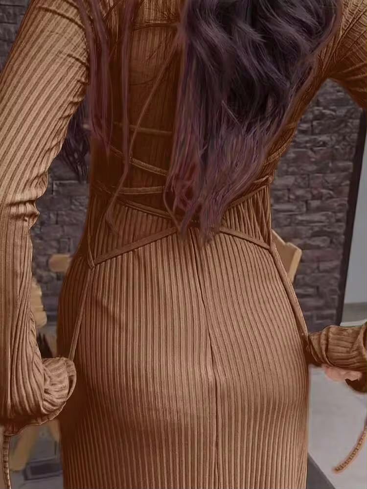 Square neck long sleeve bodycon dress in coffee