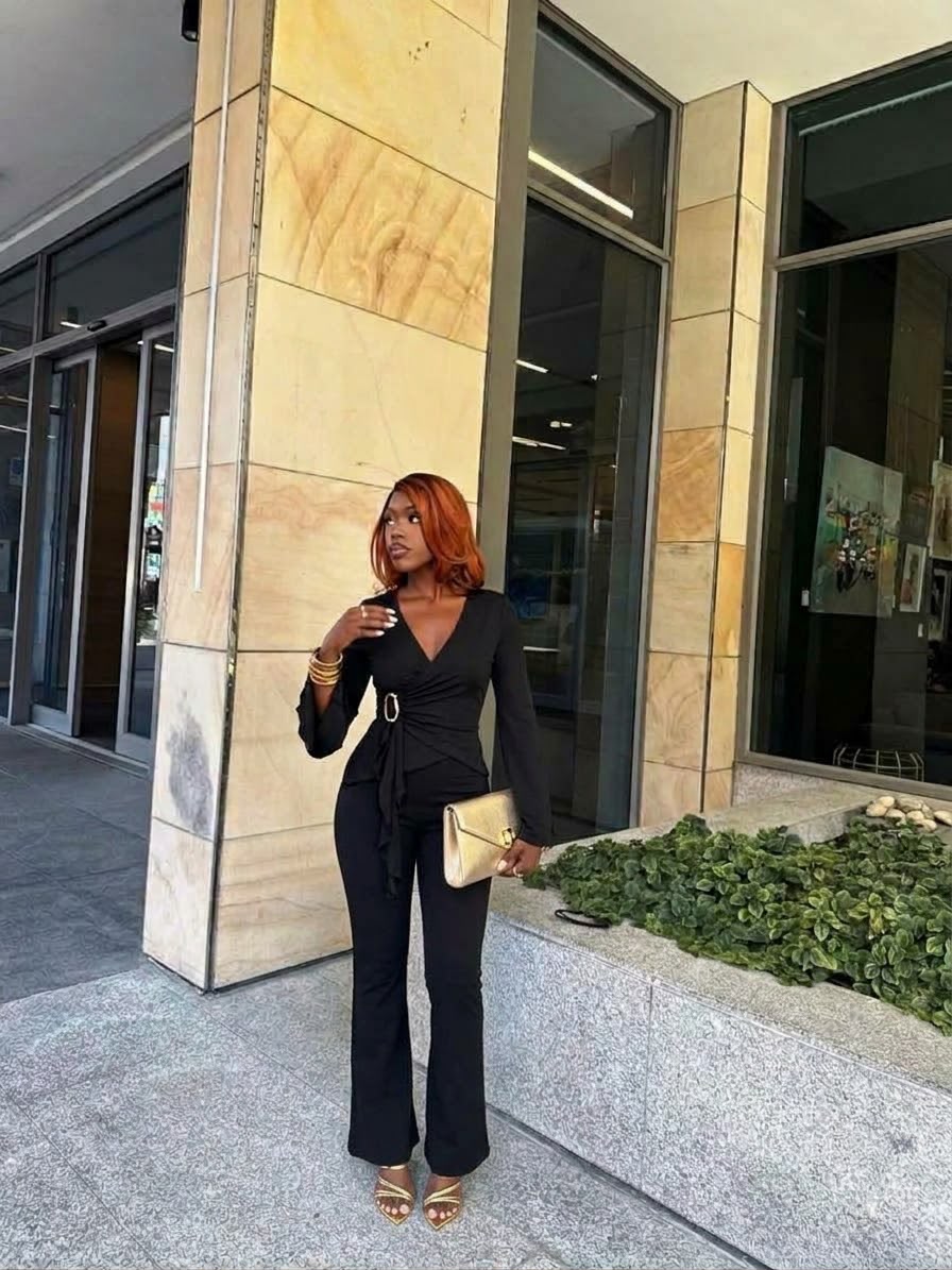 V-neck long sleeve top & metal buckle pants in black