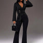V-neck long sleeve top & metal buckle pants in black