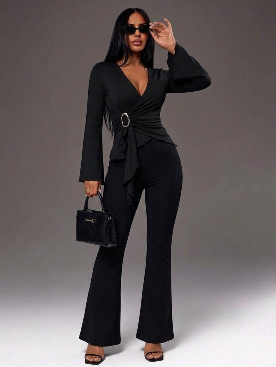 V-neck long sleeve top & metal buckle pants in black