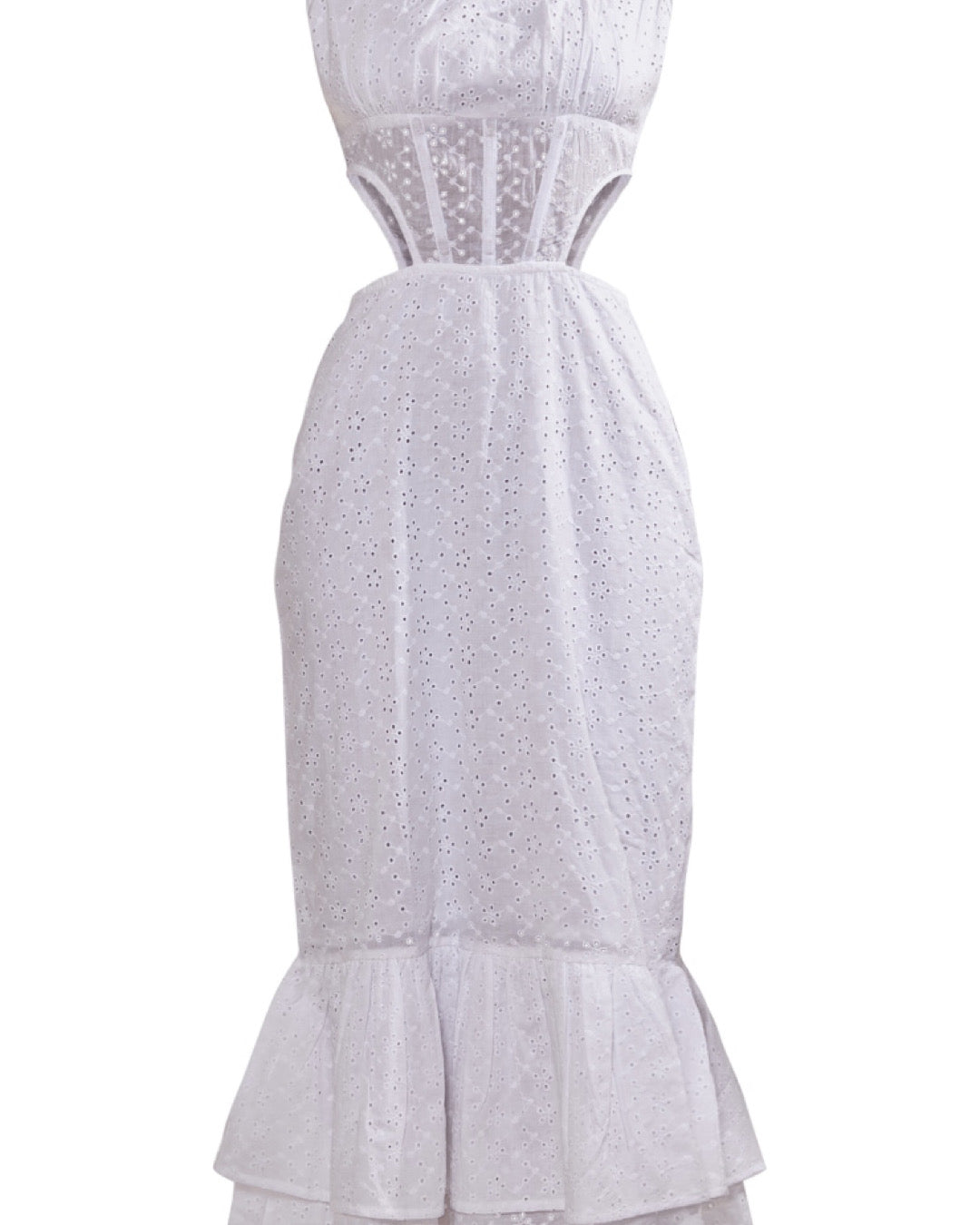 White Broderie Anglaise Corset Detail Tiered Midaxi Dress