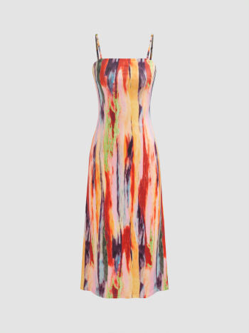 Woven square neck abstract midi dress in multi