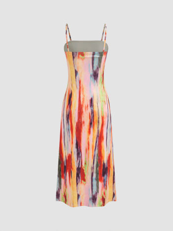 Woven square neck abstract midi dress in multi