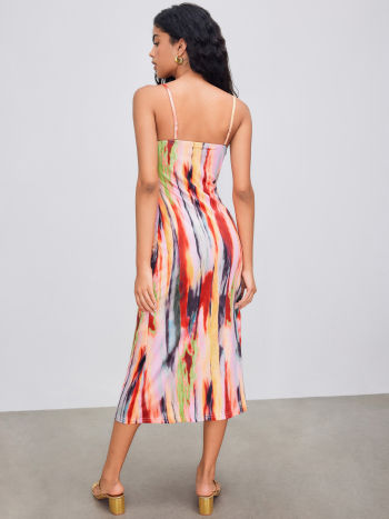 Woven square neck abstract midi dress in multi