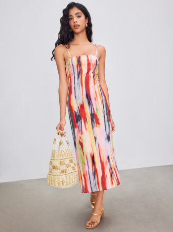 Woven square neck abstract midi dress in multi