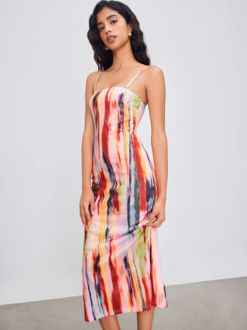 Woven square neck abstract midi dress in multi