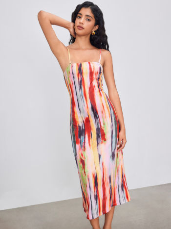 Woven square neck abstract midi dress in multi