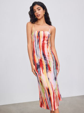 Woven square neck abstract midi dress in multi