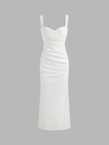 Woven sweetheart solid ruched maxi dress in white