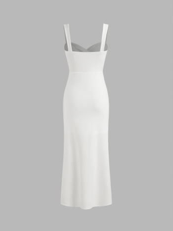 Woven sweetheart solid ruched maxi dress in white