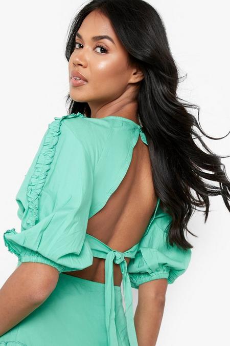 Cotton Tiered Puff Sleeve Maxi Dress in Green