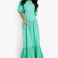 Cotton Tiered Puff Sleeve Maxi Dress in Green