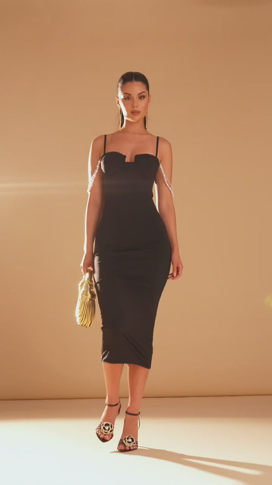 Beaded pearls cami bodycon dress in black