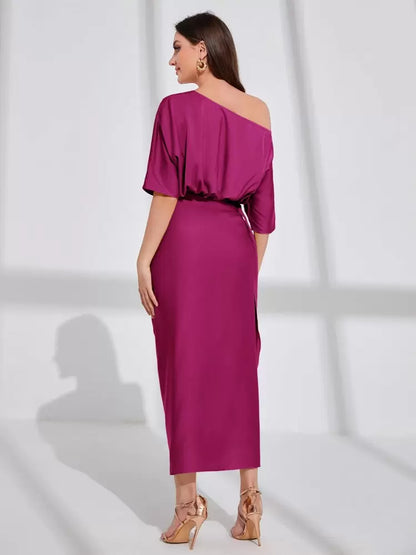 Asymmetrical neck batwing sleeve wrap hem satin dress in purple