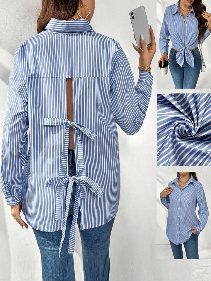 Striped backless tie-front blouse in blue