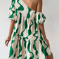 Printed asymmetrcial neck puff sleeve smock dress in green