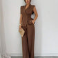 Sleeveless blouse & ealstic waist long pants set in brown