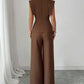 Sleeveless blouse & ealstic waist long pants set in brown