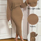 Solid color hollow-out long sleeve sweater & sleeveless knit dress set in khaki