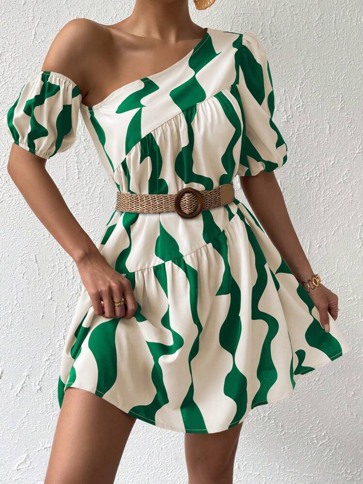 Printed asymmetrcial neck puff sleeve smock dress in green