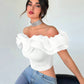 Off shoulder ruffle trim crop top in white