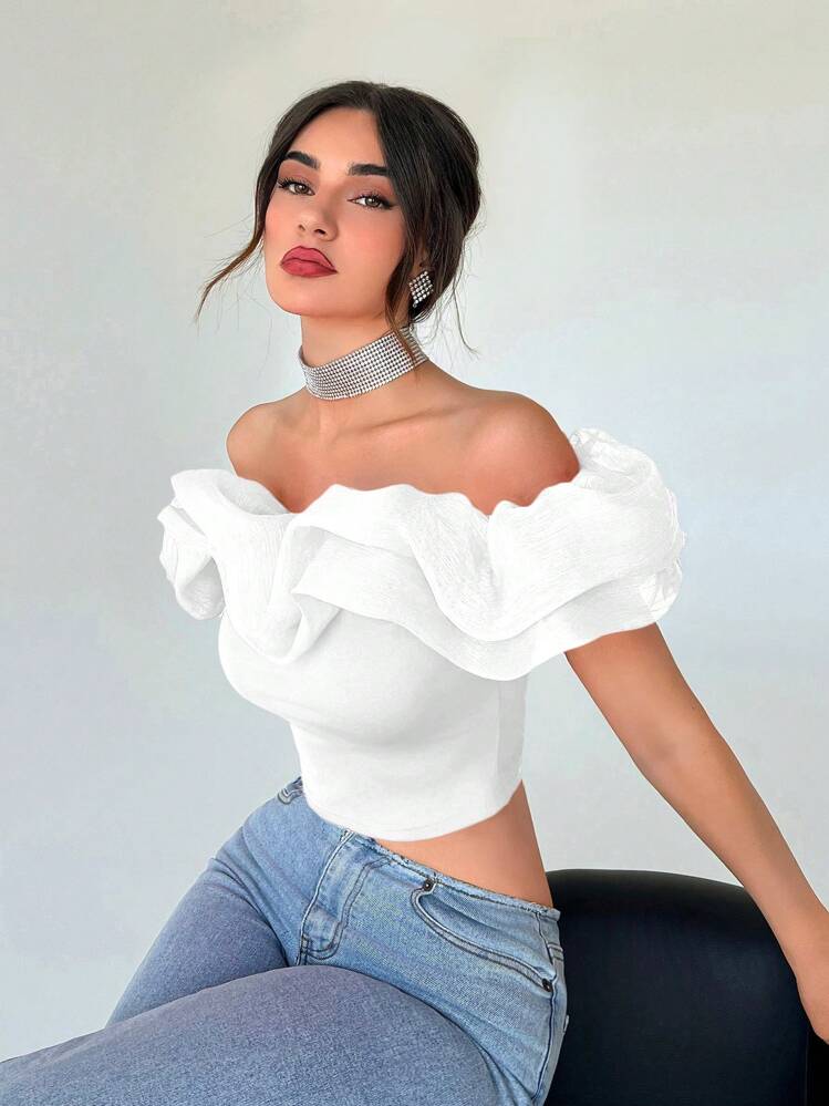 Off shoulder ruffle trim crop top in white