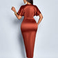 Satin ruched front slit midi dress in rust