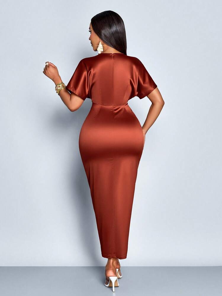 Satin ruched front slit midi dress in rust