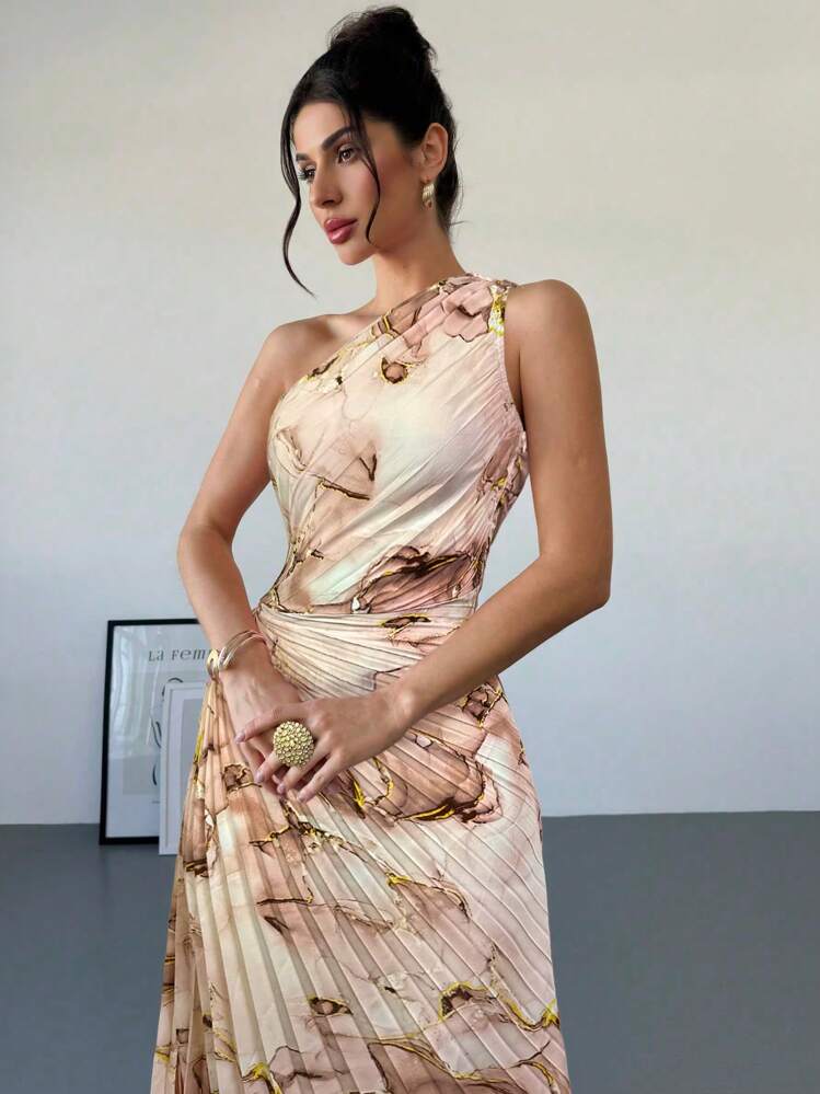 One shoulder tie dye print waist hollow ruffle hem dress in khaki