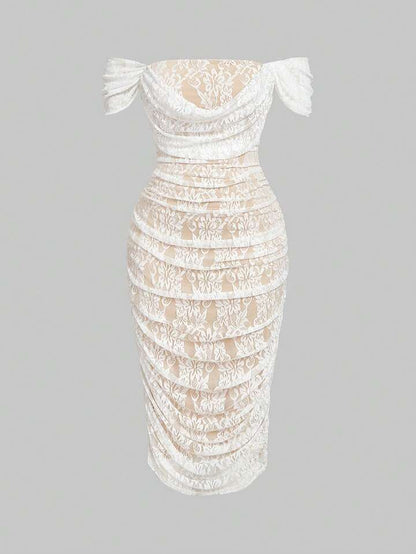 Lace off-shoulder bodycon dress in white