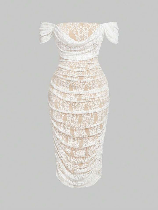 Lace off-shoulder bodycon dress in white