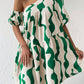 Printed asymmetrcial neck puff sleeve smock dress in green