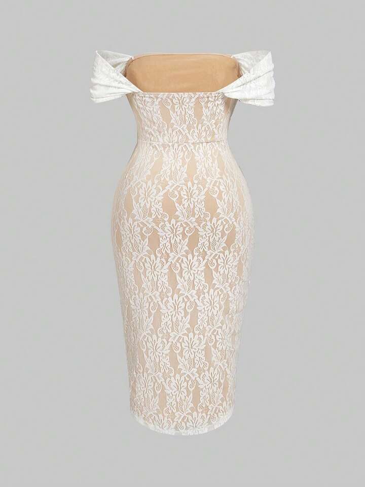 Lace off-shoulder bodycon dress in white