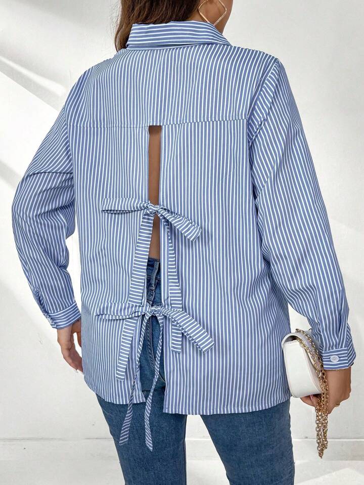 Striped backless tie-front blouse in blue