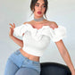 Off shoulder ruffle trim crop top in white