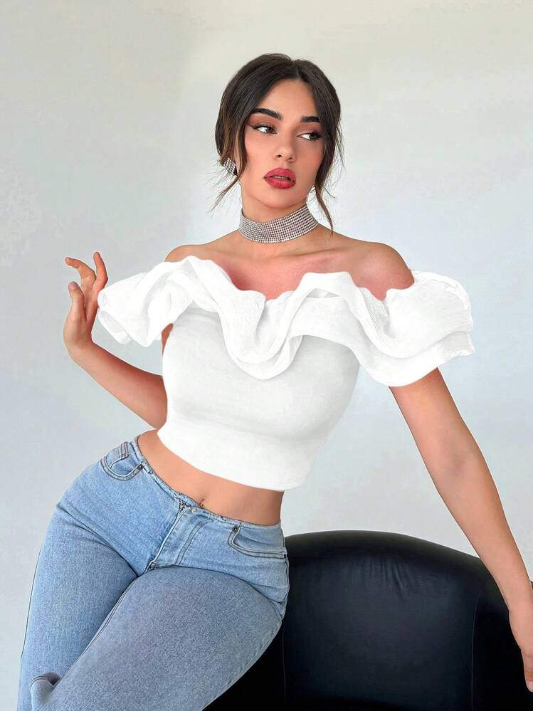 Off shoulder ruffle trim crop top in white