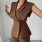Sleeveless blouse & ealstic waist long pants set in brown