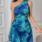 Tie dye print pleated asymmetrical neck dress in multi
