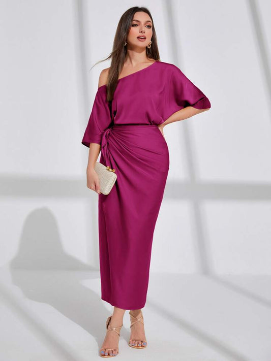 Asymmetrical neck batwing sleeve wrap hem satin dress in purple