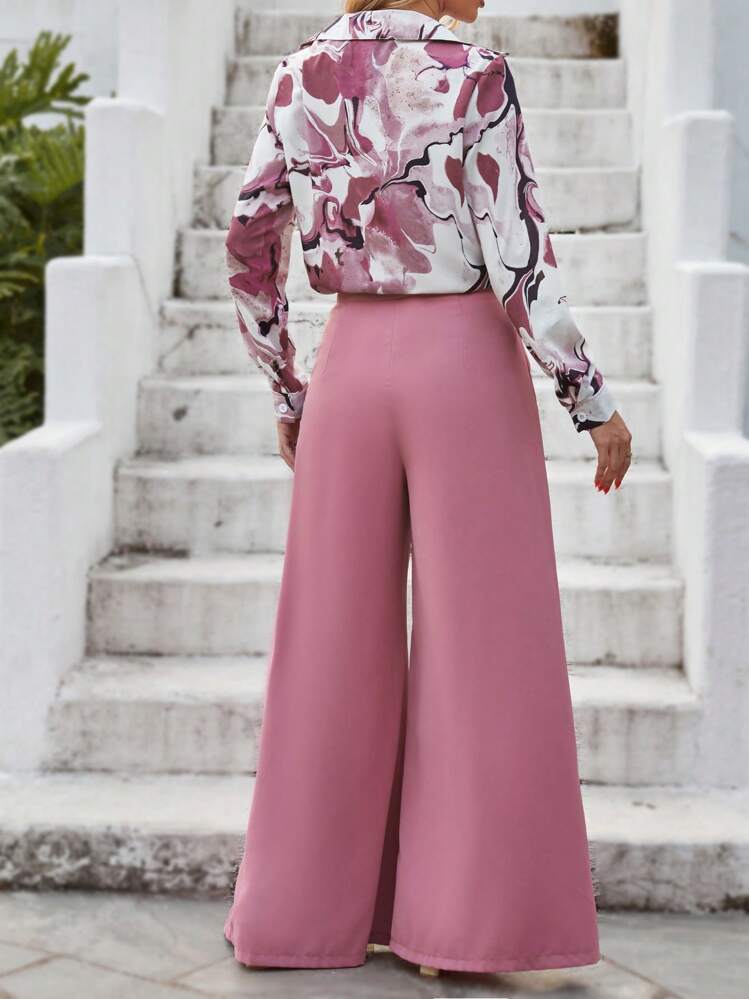 Graphic print shirt & wide leg trousers in pink