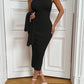 Solid color hollow-out long sleeve sweater & sleeveless knit dress set in black
