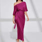 Asymmetrical neck batwing sleeve wrap hem satin dress in purple