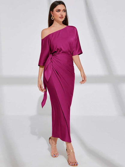 Asymmetrical neck batwing sleeve wrap hem satin dress in purple