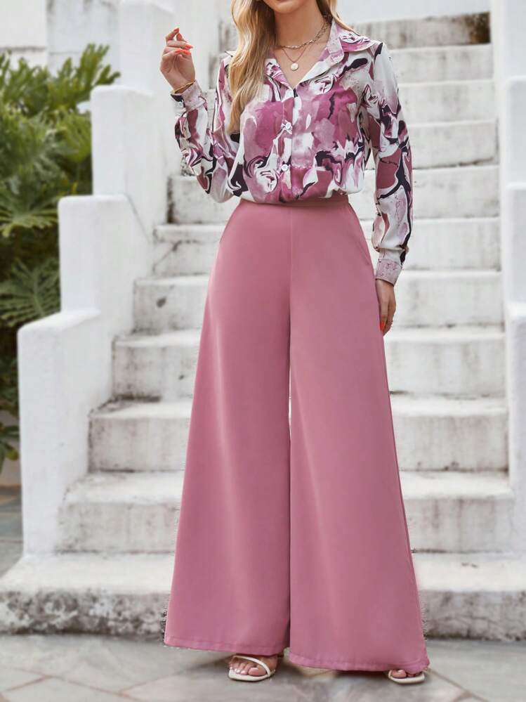 Graphic print shirt & wide leg trousers in pink