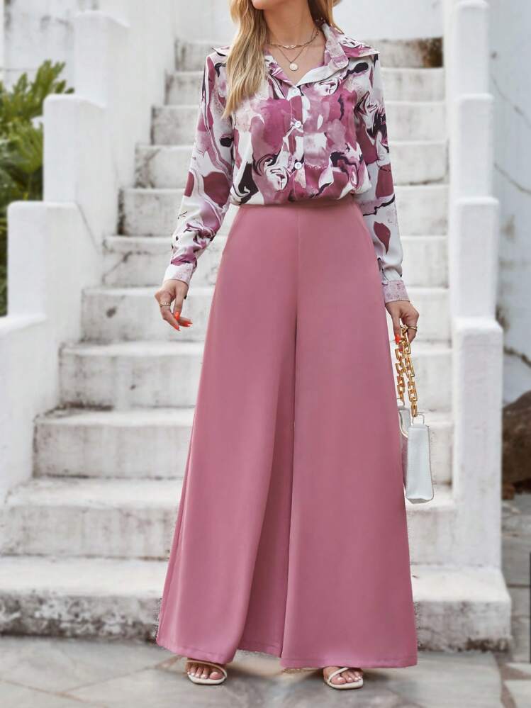 Graphic print shirt & wide leg trousers in pink