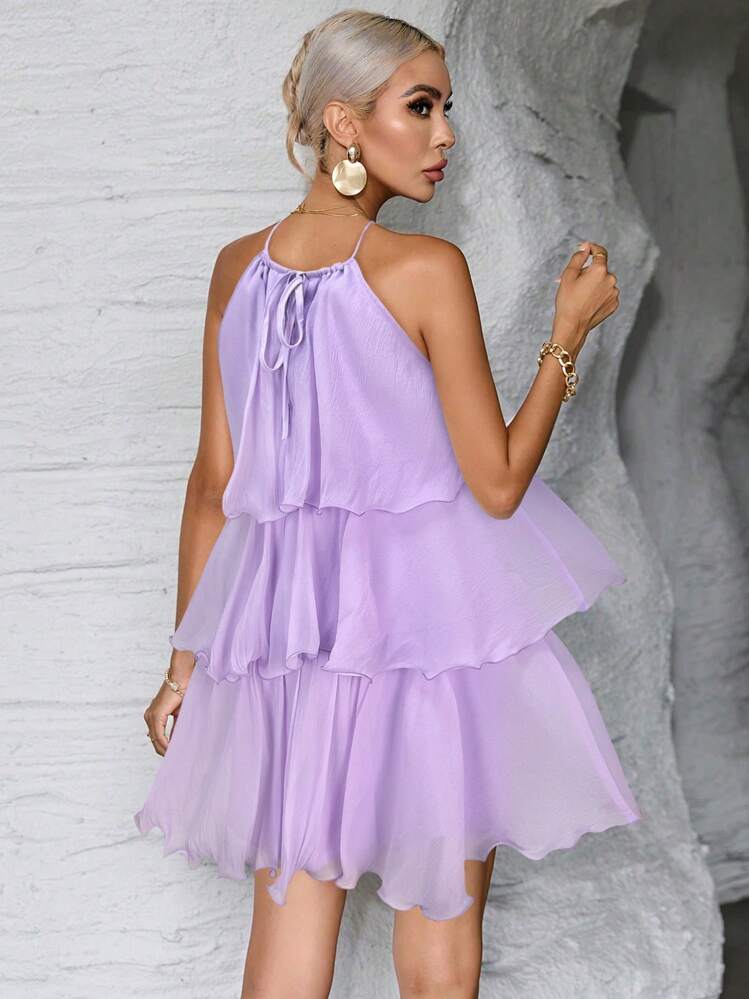 Sold color multi-layer halter neck dress in lilac