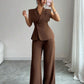 Sleeveless blouse & ealstic waist long pants set in brown