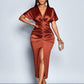 Satin ruched front slit midi dress in rust